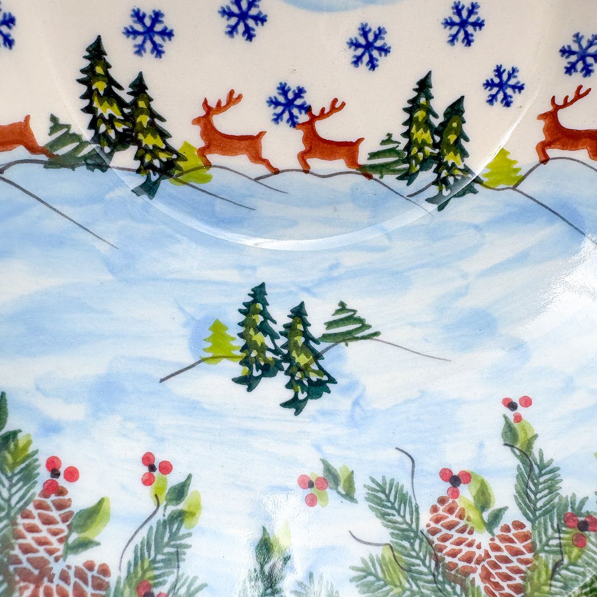9” Wavy Bowl.  Hand crafted Polish pottery stoneware:  UNIKAT Reindeer Bliss