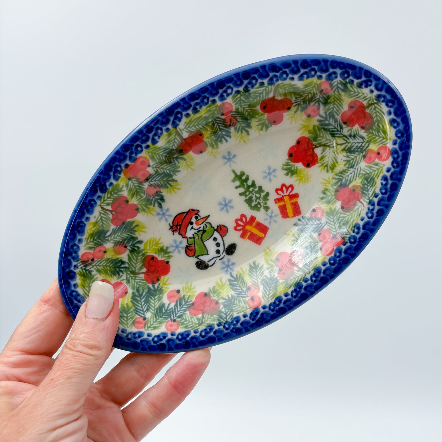 7" Oval Milano Platter  Hand crafted Polish pottery stoneware: UNIKAT Berry Snowman Design