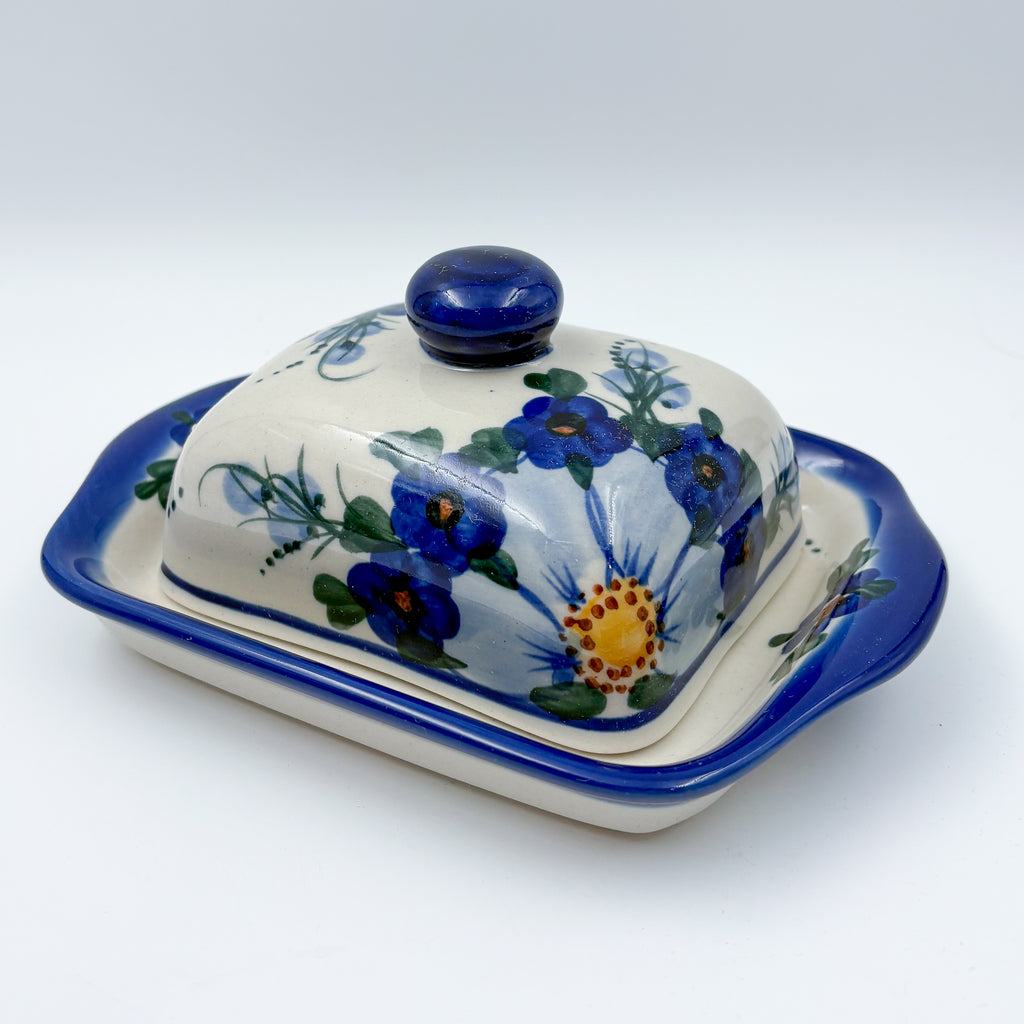 7" Butter Dish.  Handmade in Poland. UNIKAT Poppies in Blue