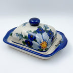 7" Butter Dish.  Handmade in Poland. UNIKAT Poppies in Blue