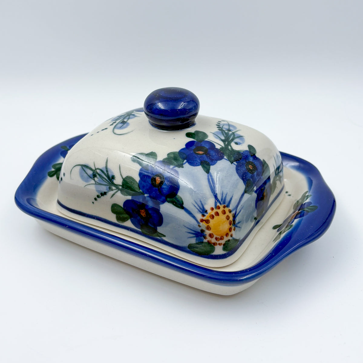 7" Butter Dish.  Handmade in Poland. UNIKAT Poppies in Blue