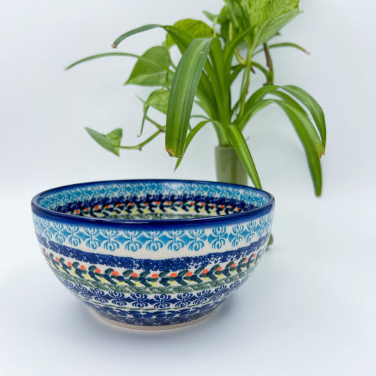 6.” Farm Bowl.  Hand crafted Polish pottery stoneware: UNIKAT Blue Flor-de-lis Design