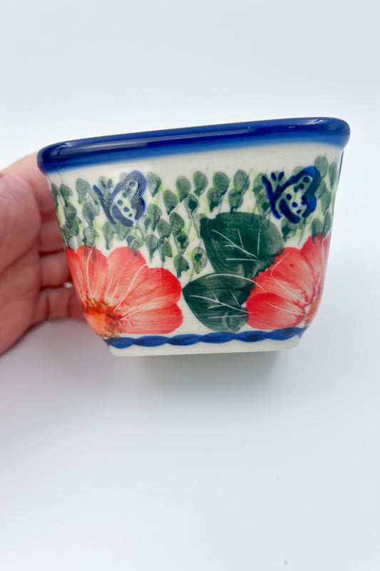 Polish pottery hand made  3” rectangular sugar packet holder in Happiness Pattern.
Ceramika Bona Company