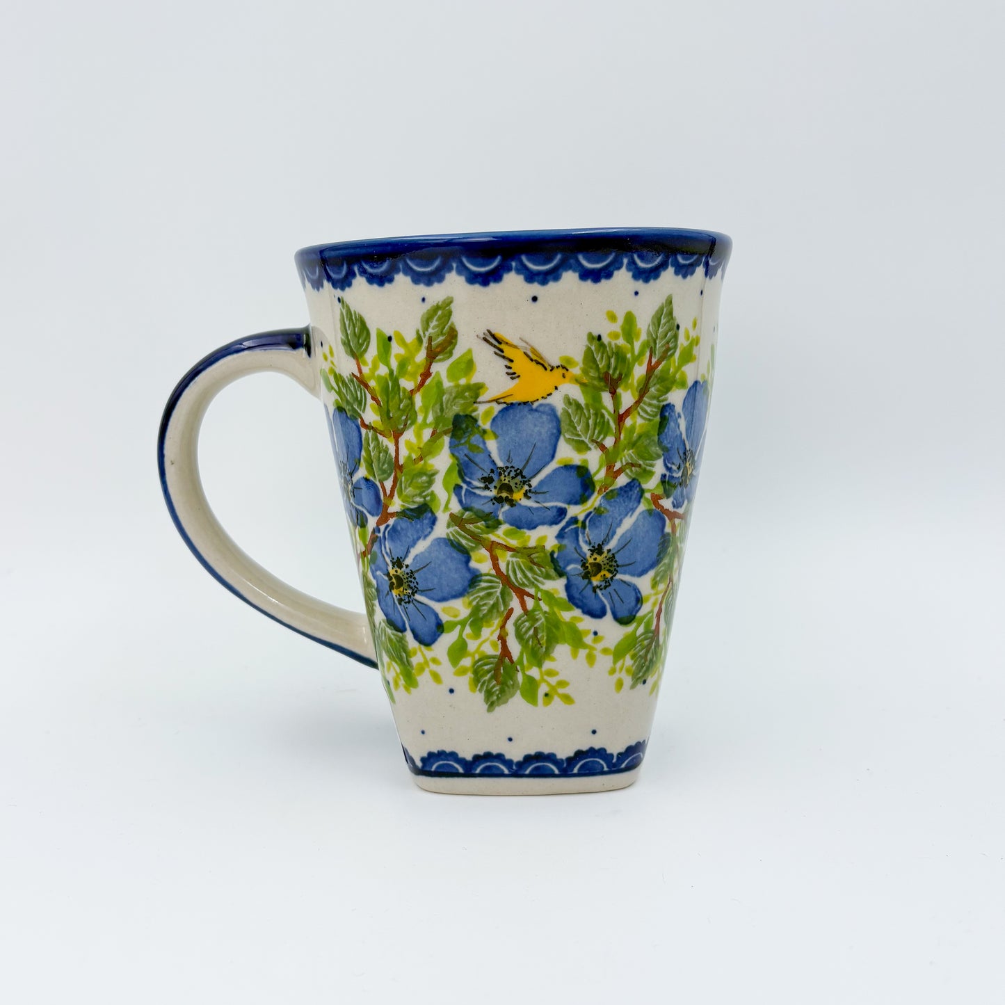Mug XL 18oz. Handcrafted Polish pottery stoneware:  UNIKAT Blue Poppy Songbird