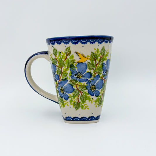 Mug XL 18oz. Handcrafted Polish pottery stoneware:  UNIKAT Blue Poppy Songbird