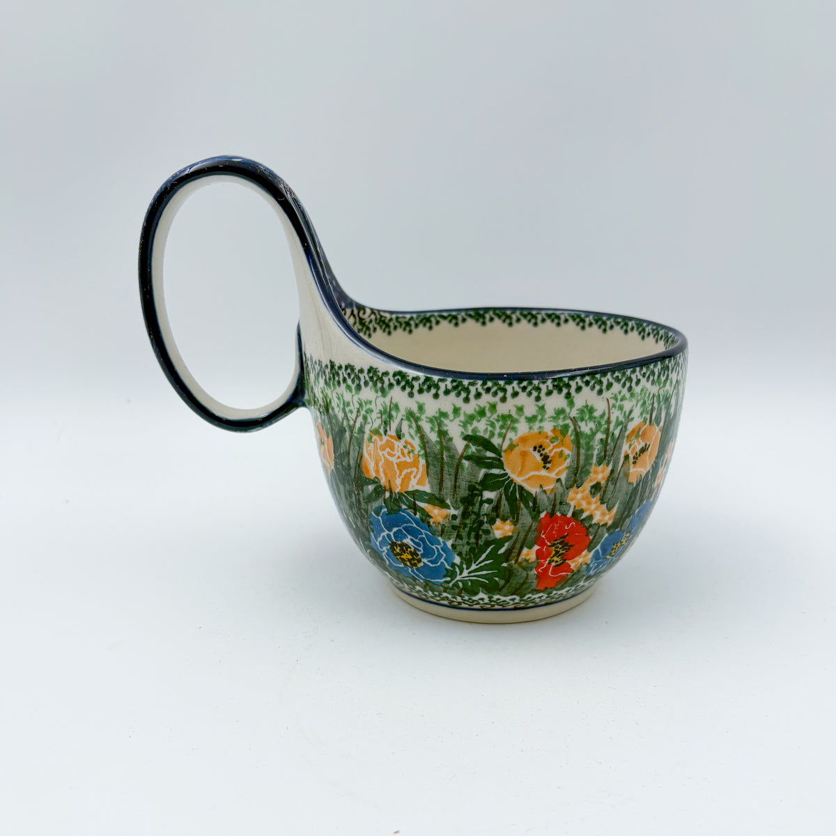 16 oz Bowl/Mug with Loop-Handle.  Hand crafted Polish pottery stoneware: UNIKAT Poppy Bunch Design