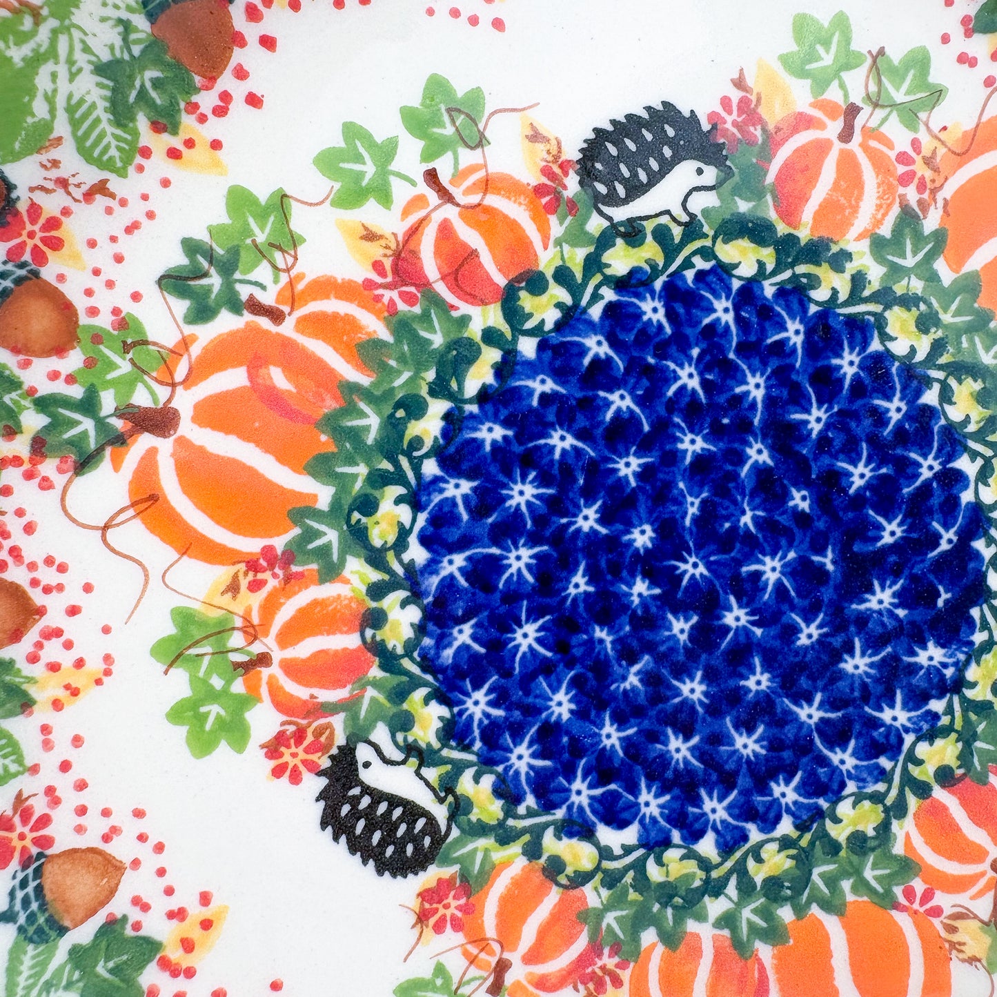 10.2” Plate.  Hand crafted Polish pottery stoneware: UNIKAT Hedgehog and Pumpkins