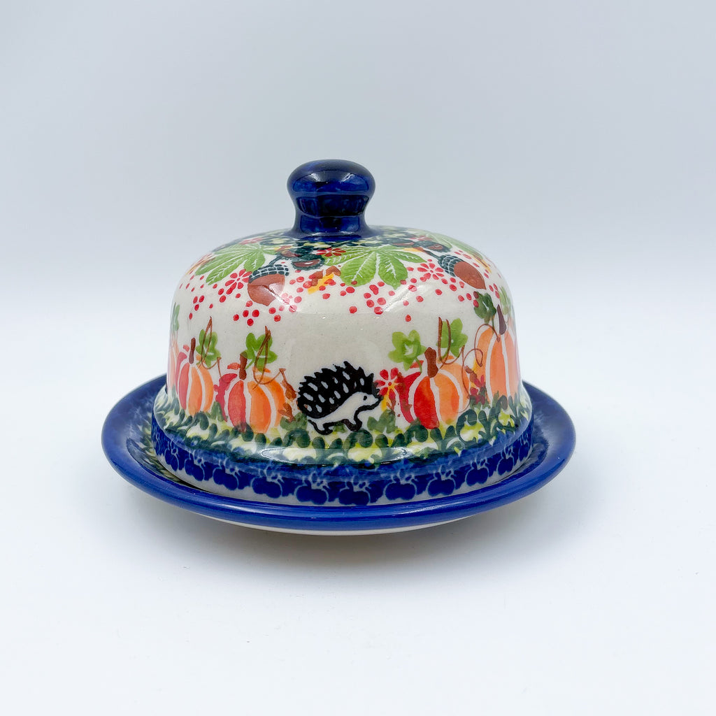 Round Butter/Cheese Covered Dish: UNIKAT Hedgehogs and Acorns Design
