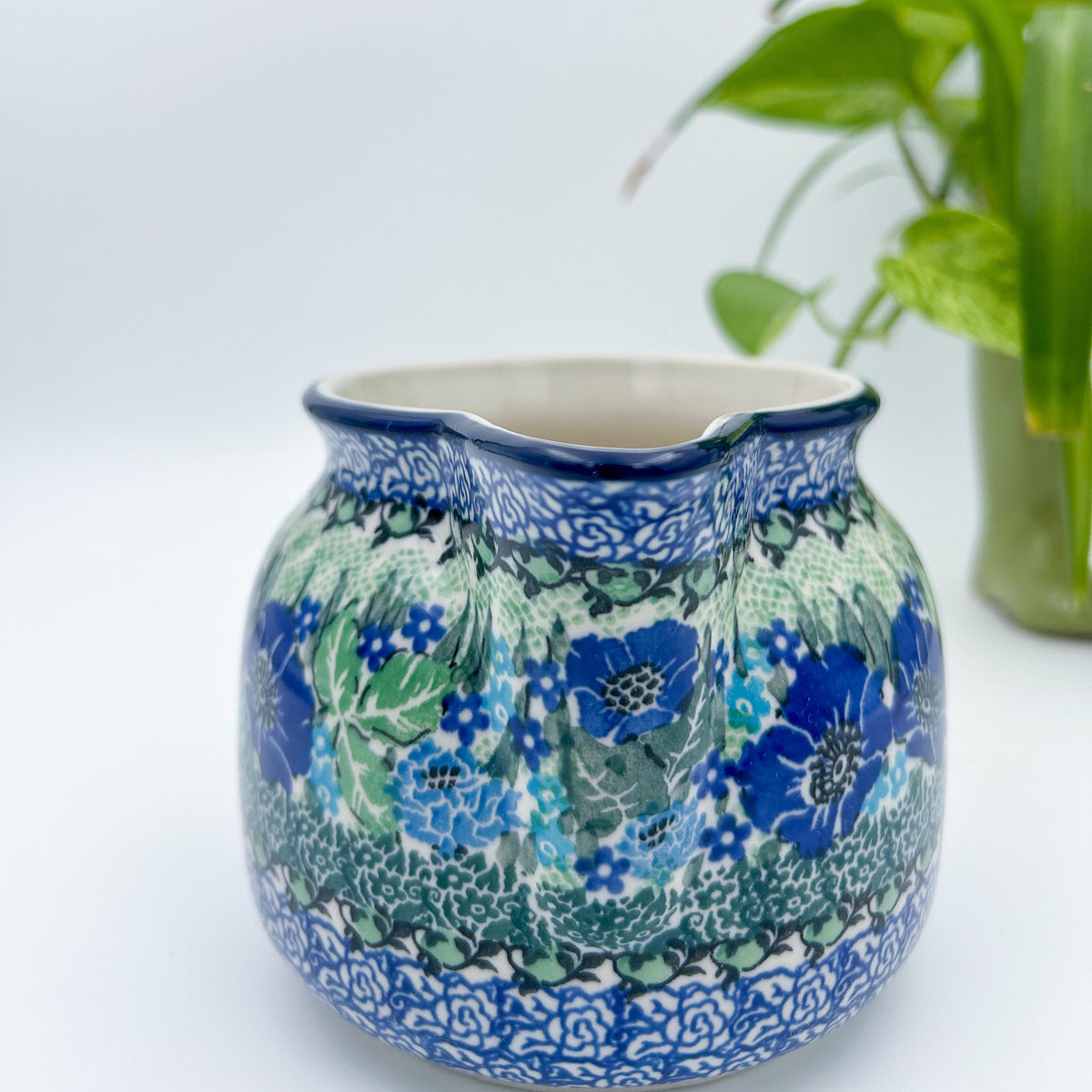 24 oz Pitcher.  Hand painted Polish pottery stoneware.  UNIKAT Moody Blues Design.