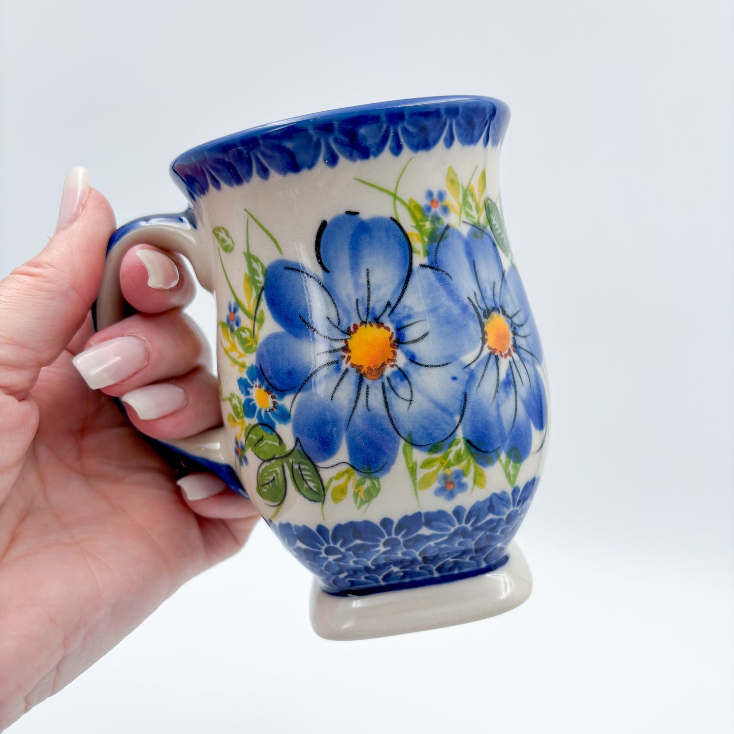 Tulip Mug 10oz. Handcrafted Polish pottery stoneware:  UNIKAT Blue Daisy
