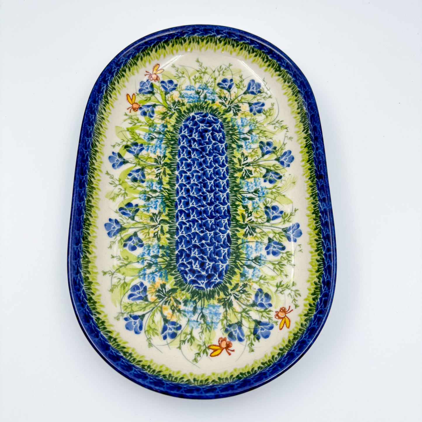 10” Oval Platter.  Hand crafted Polish pottery stoneware: UNIKAT Bluebell Meadow