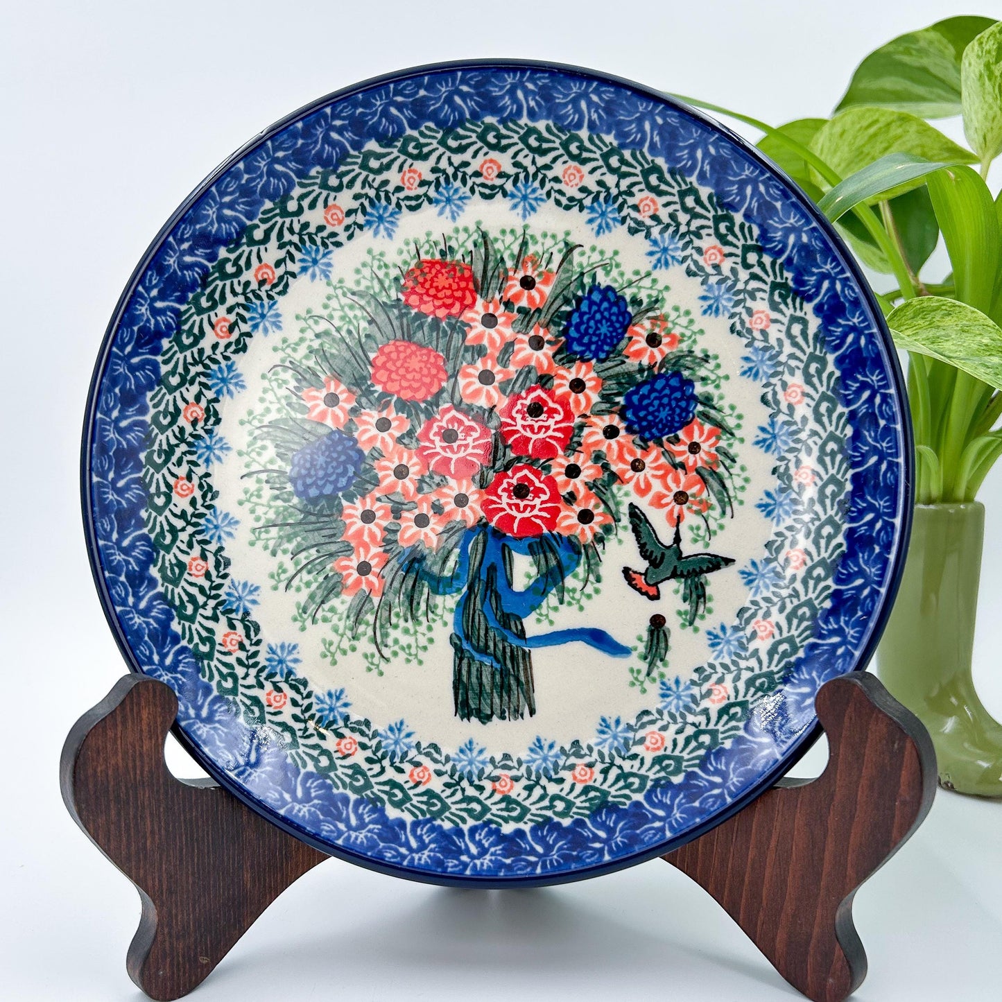7.91” Plate.  Hand crafted Polish pottery stoneware: UNIKAT Hummingbird Bouquet Design.