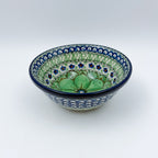 5” Bowl.  Hand crafted Polish pottery stoneware: UNIKAT Green Pansies Design