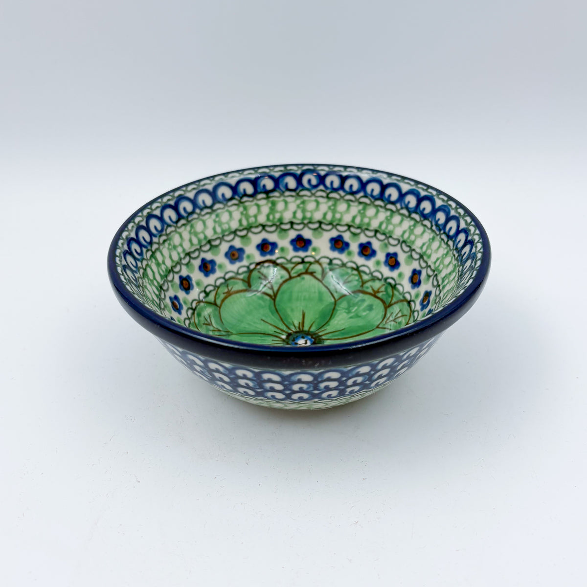 5” Bowl.  Hand crafted Polish pottery stoneware: UNIKAT Green Pansies Design