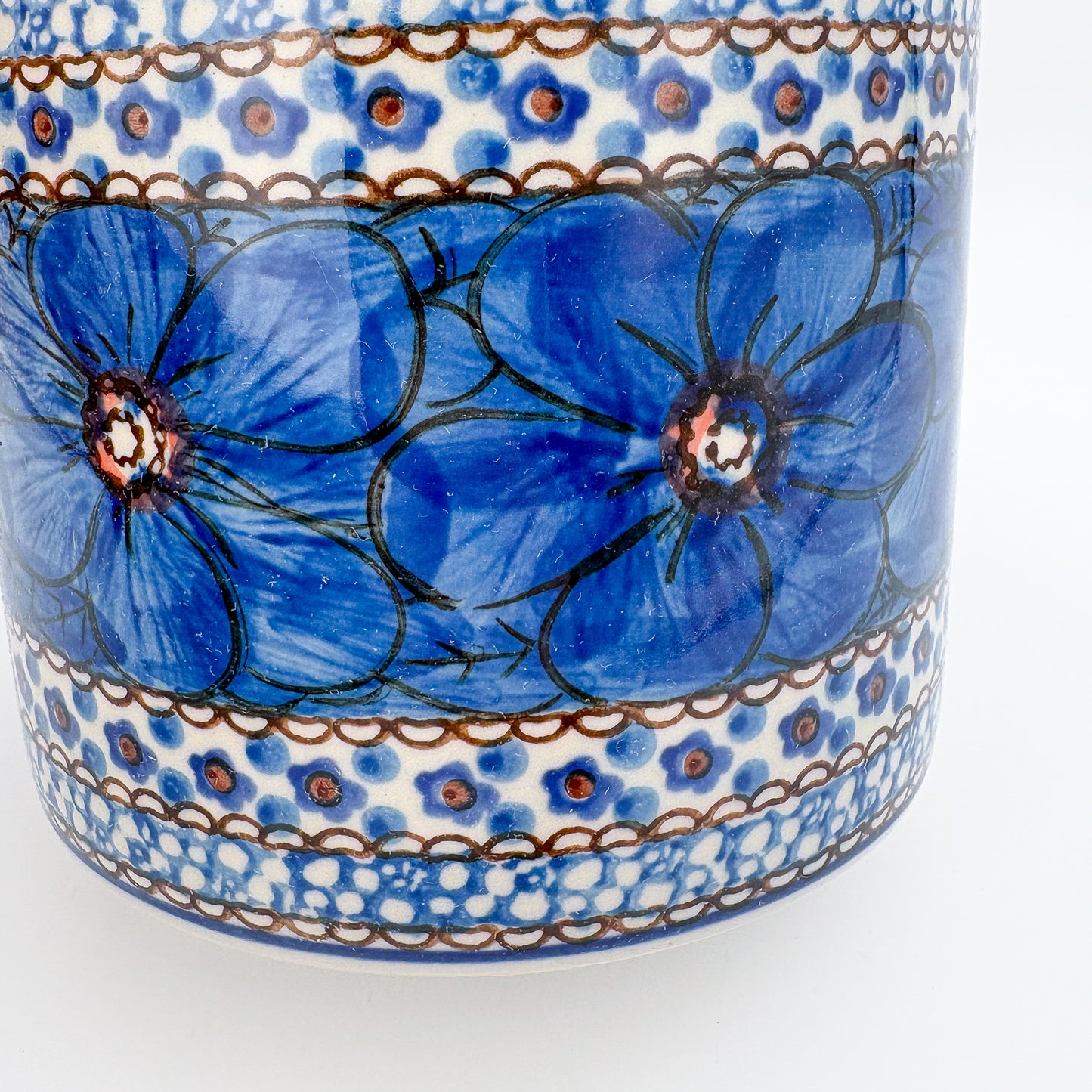 Utensil Jar 5”.  Handmade Polish pottery.  UNIKAT Cobalt Poppies