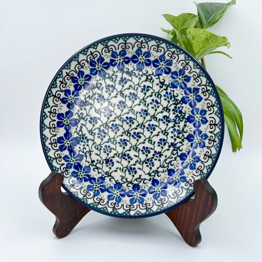 7.91” Plate.  Hand crafted Polish pottery stoneware: Blue Dogwood Design.