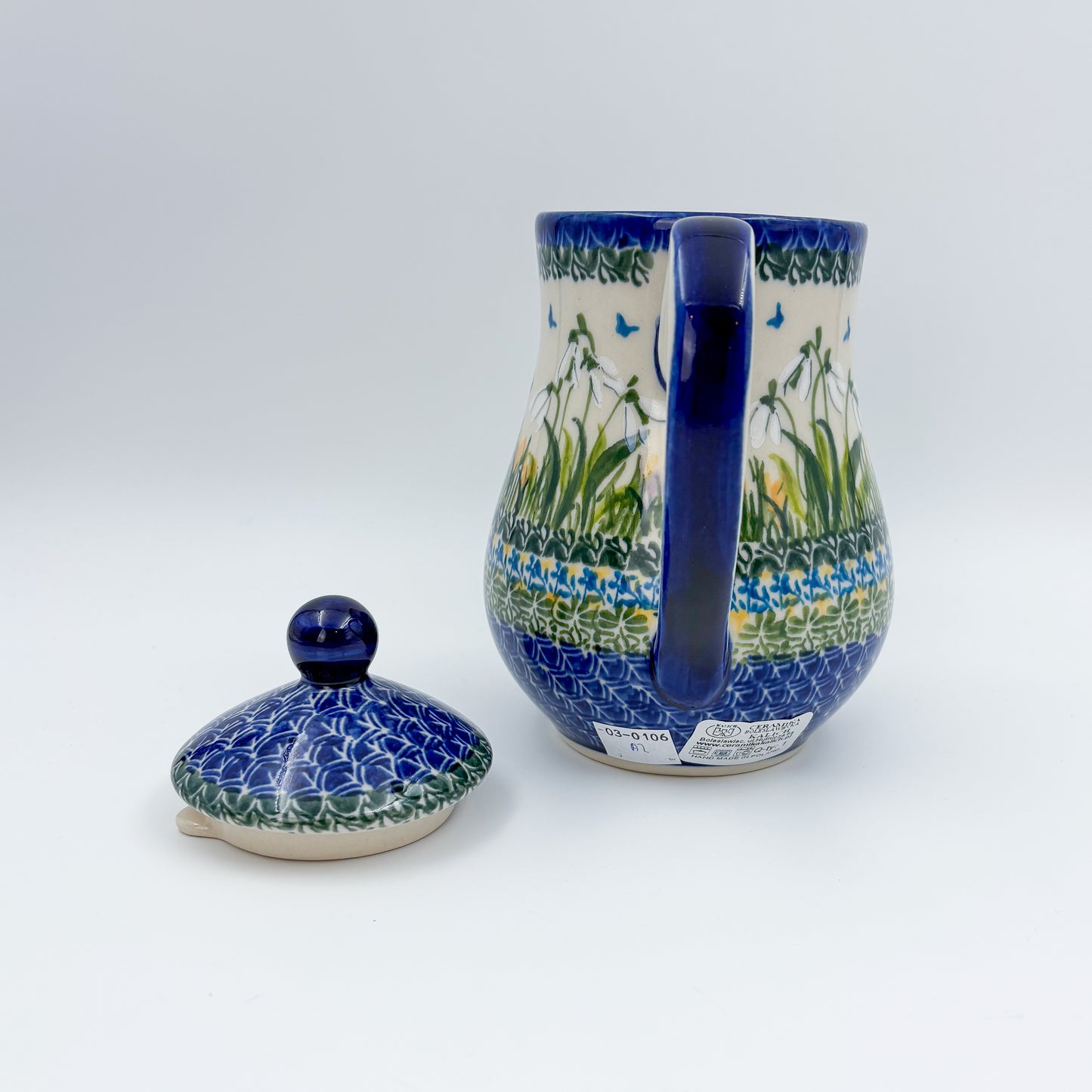 23 oz Teapot Florencja Handcrafted Potery in Poland.  Snowdrop Garden