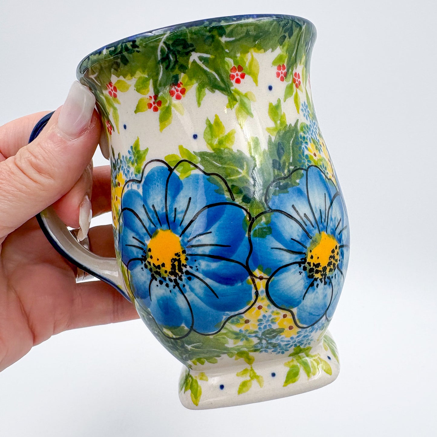 Tulip Mug 10oz. Handcrafted Polish pottery stoneware:  UNIKAT Blue Poppy Dance
