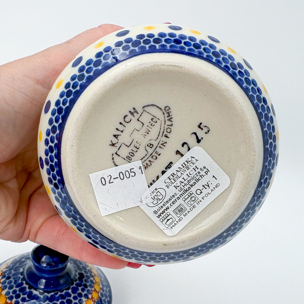 Iza sugar bowl, Mushroom Design, bottom stamp with Kalich Boleslawiec Unikat mark held in hand