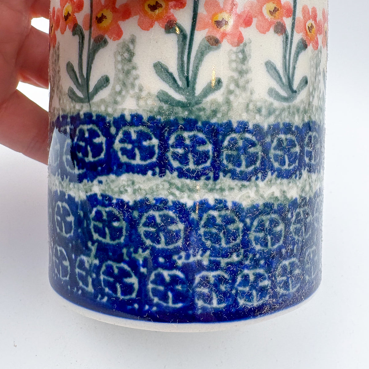 Soap Dispenser 5”.  Handmade Polish pottery.  Peach Spring Daisy Design