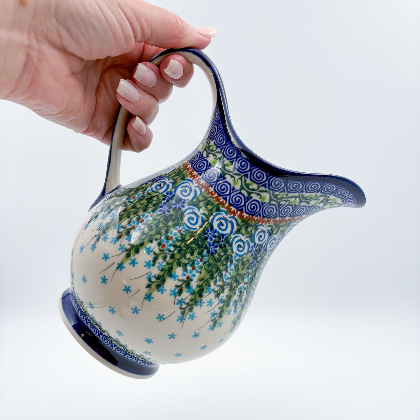 37 oz. Pitcher.  Hand painted Polish pottery stoneware UNIKAT Whispering Ferns