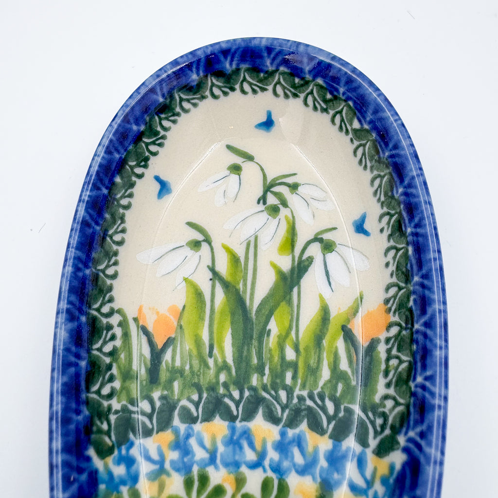 Spoon Rest 5”.  Handmade Polish pottery.  UNIKAT Snowdrop Garden Pattern
