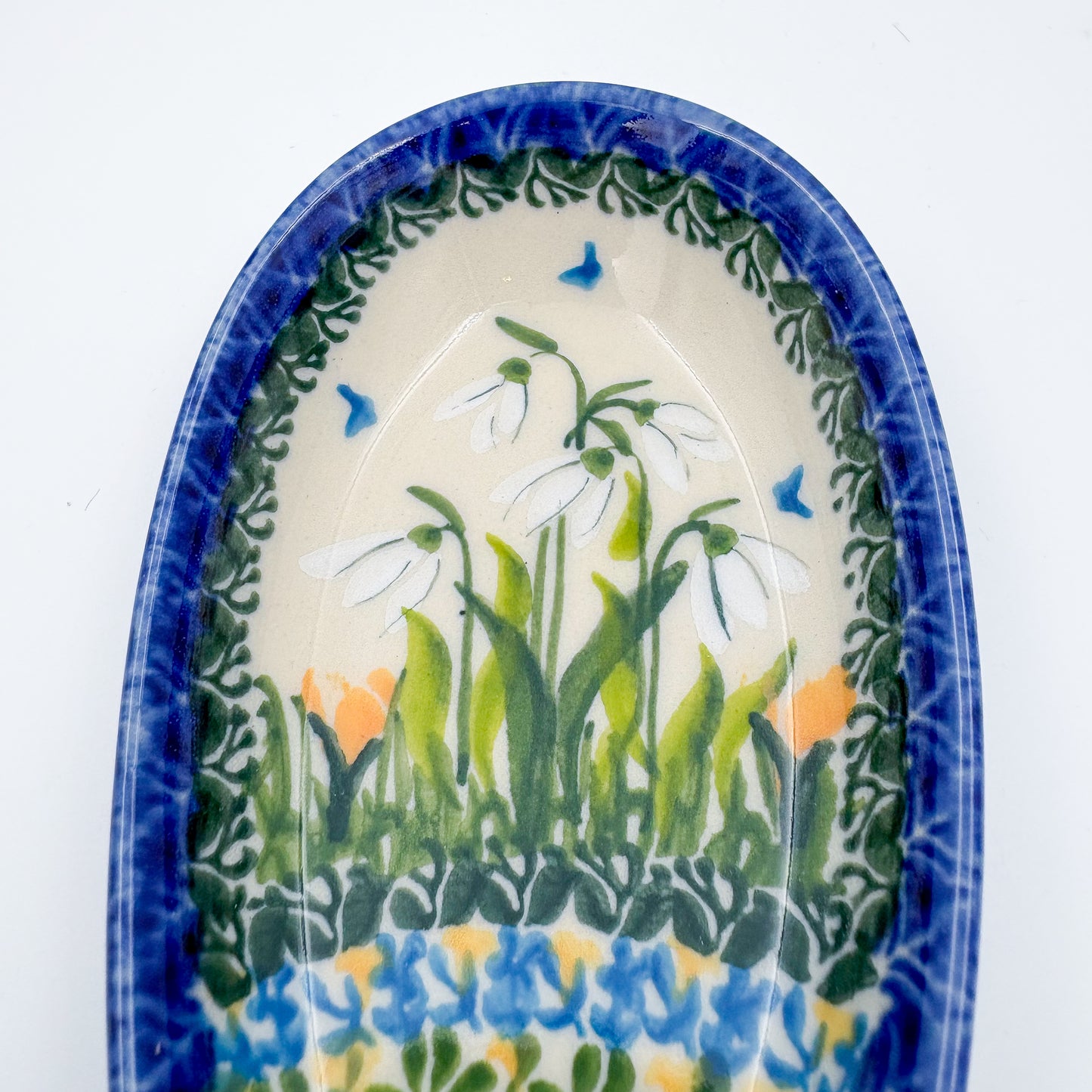 Spoon Rest 5”.  Handmade Polish pottery.  UNIKAT Snowdrop Garden Pattern