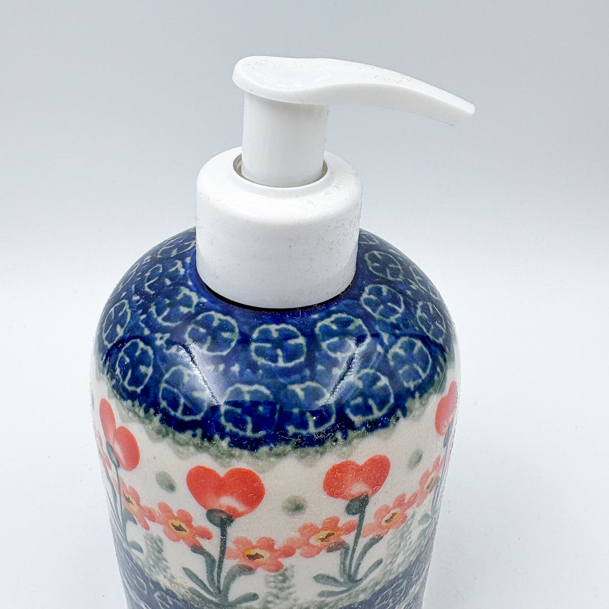Soap Dispenser 5”.  Handmade Polish pottery.  Peach Spring Daisy Design