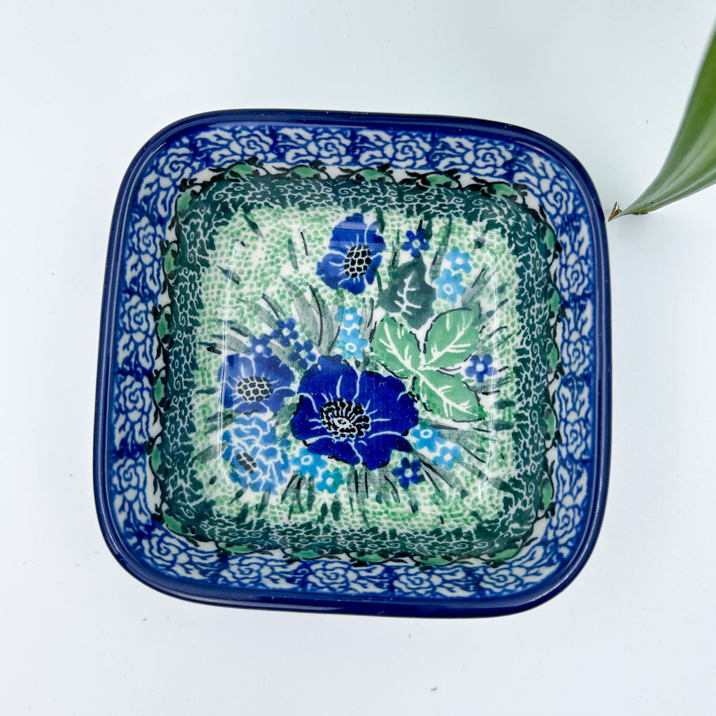 Polish pottery 4” square floral bowl in the UNIKAT Moody Blues Design. Ceramika Artystyczna Company