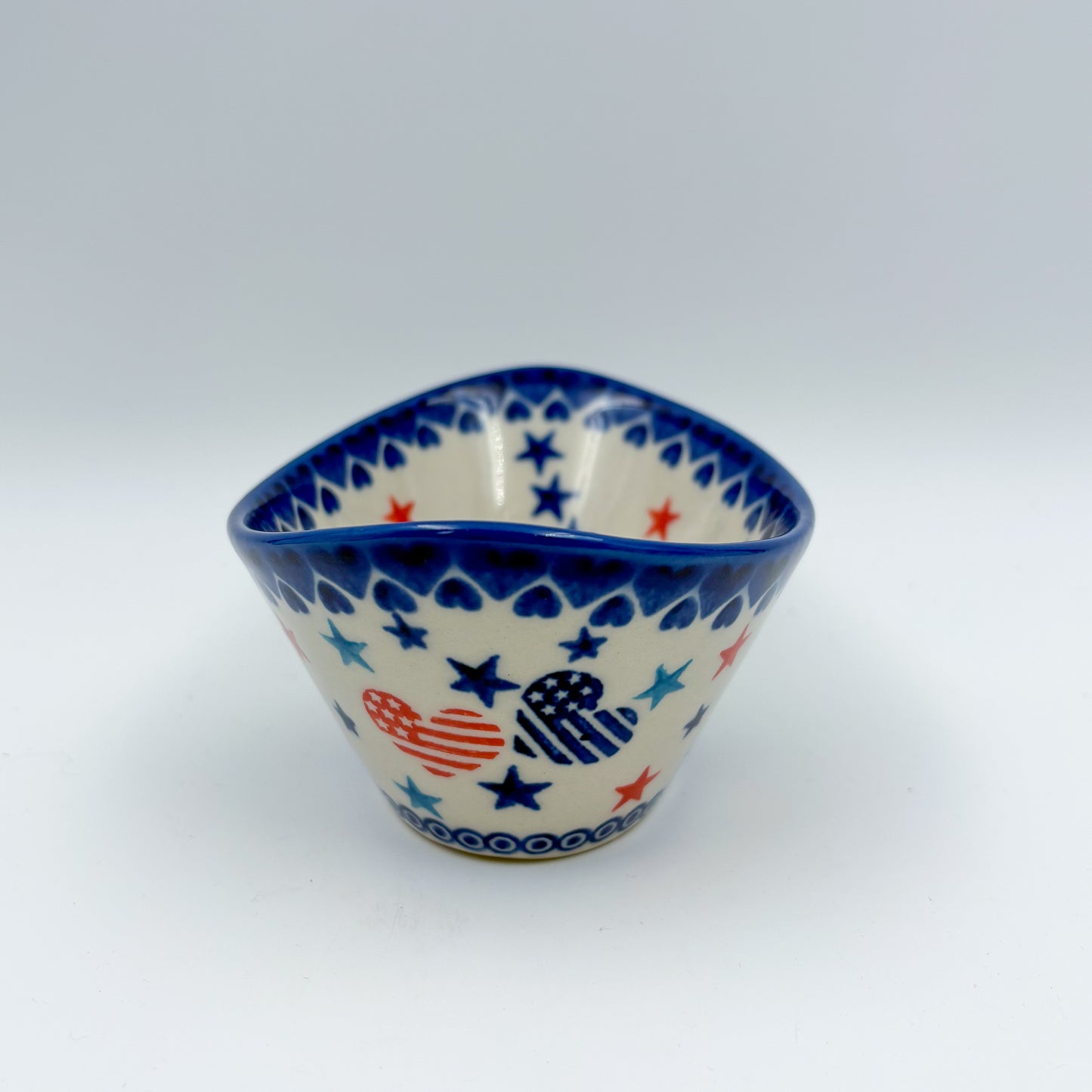 6” Oval Tub Bowl.  Hand crafted Polish pottery stoneware:  UNIKAT Stars and Stripes Pattern