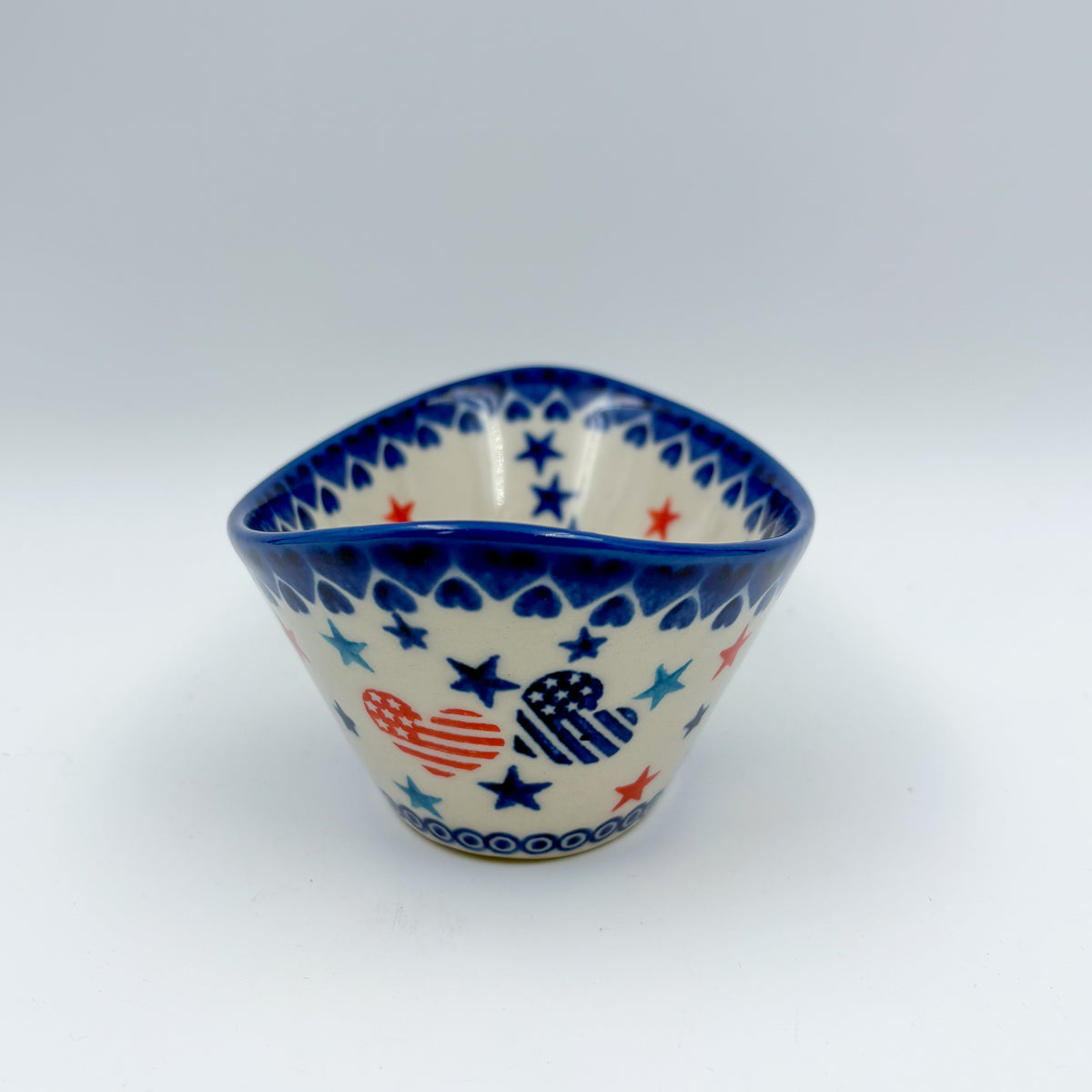 6” Oval Tub Bowl.  Hand crafted Polish pottery stoneware:  UNIKAT Stars and Stripes Pattern