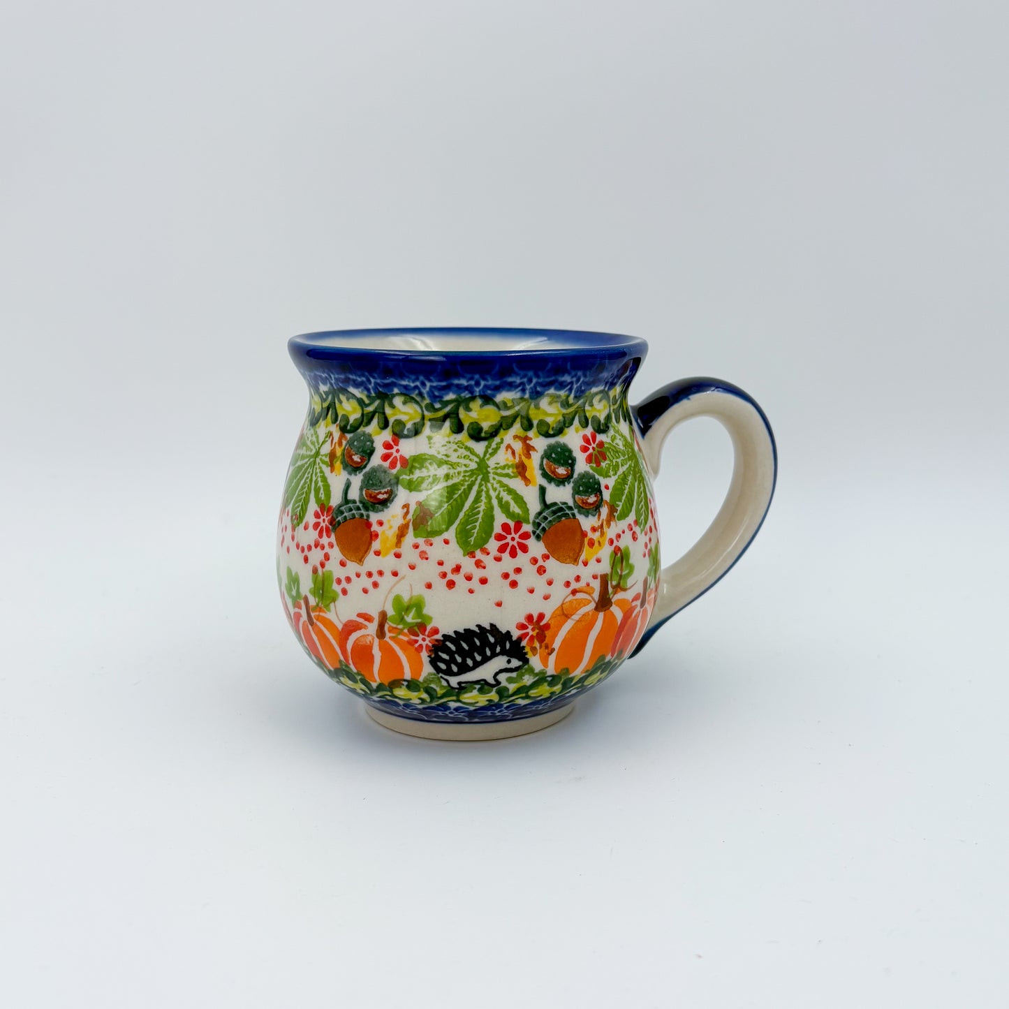10 oz Bubble Mug. Handcrafted Polish pottery stoneware:  UNIKAT Hedgehog and Pumpkin