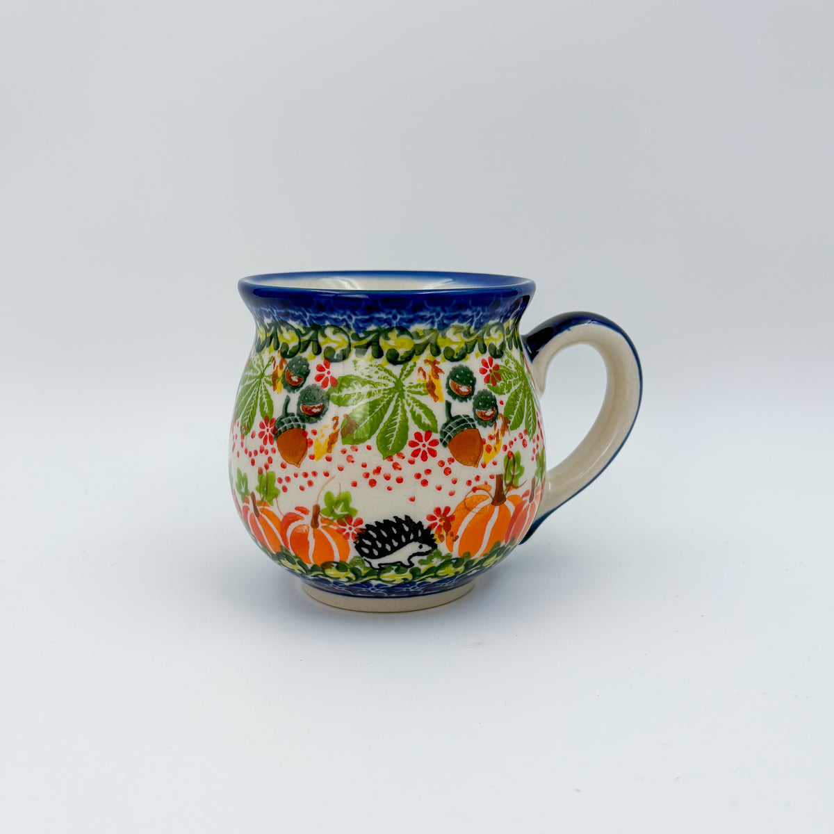 10 oz Bubble Mug. Handcrafted Polish pottery stoneware:  UNIKAT Hedgehog and Pumpkin
