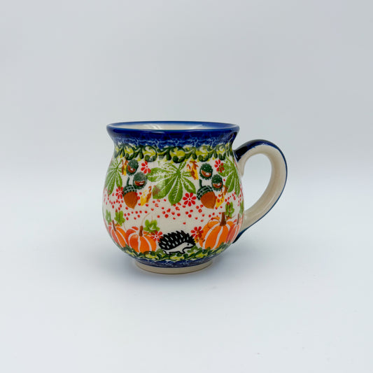 10 oz Bubble Mug. Handcrafted Polish pottery stoneware:  UNIKAT Hedgehog and Pumpkin