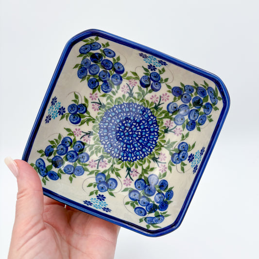 6” Square Bowl.  Hand crafted Polish pottery stoneware:   Unikat Blueberries