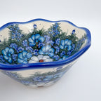 Forget Me Not Pansy wavy bowl, angled interior view showing wavy rim