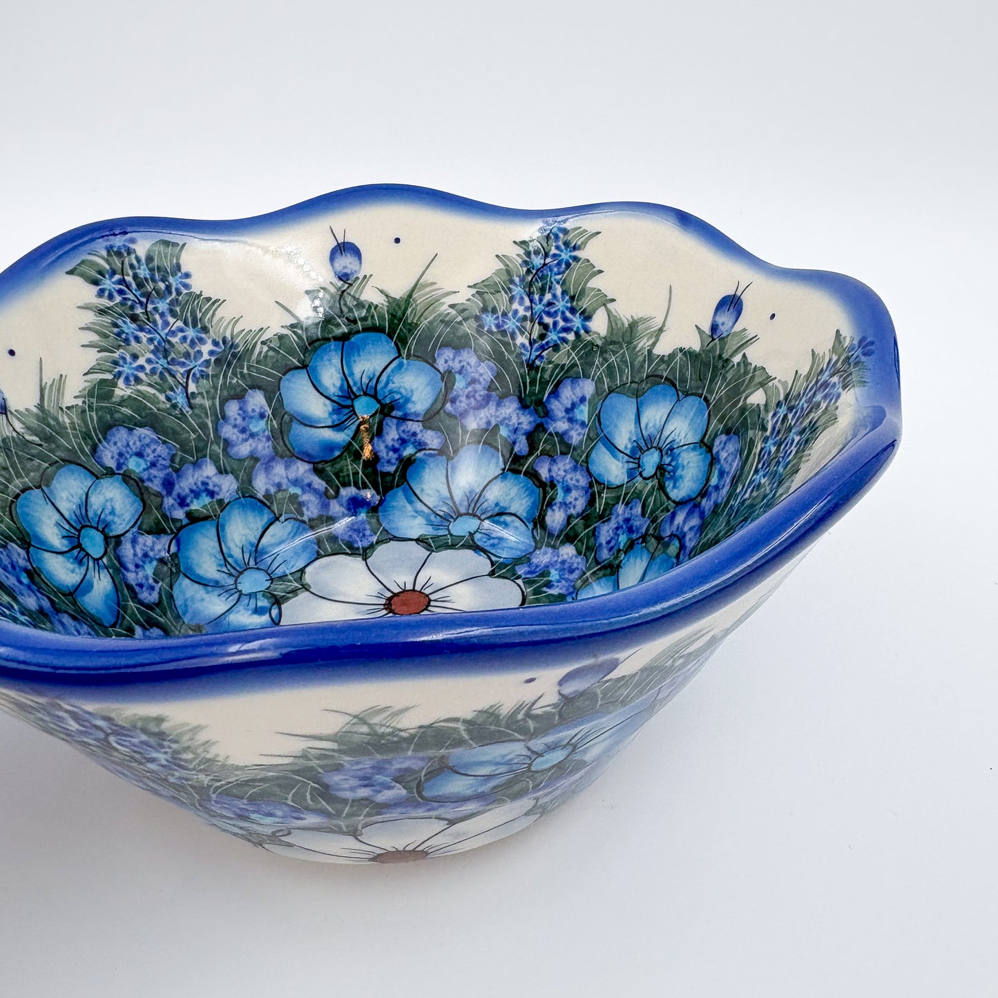 7" Wavy Bowl  Hand crafted Polish pottery stoneware: UNIKAT Forget Me not Pansy
