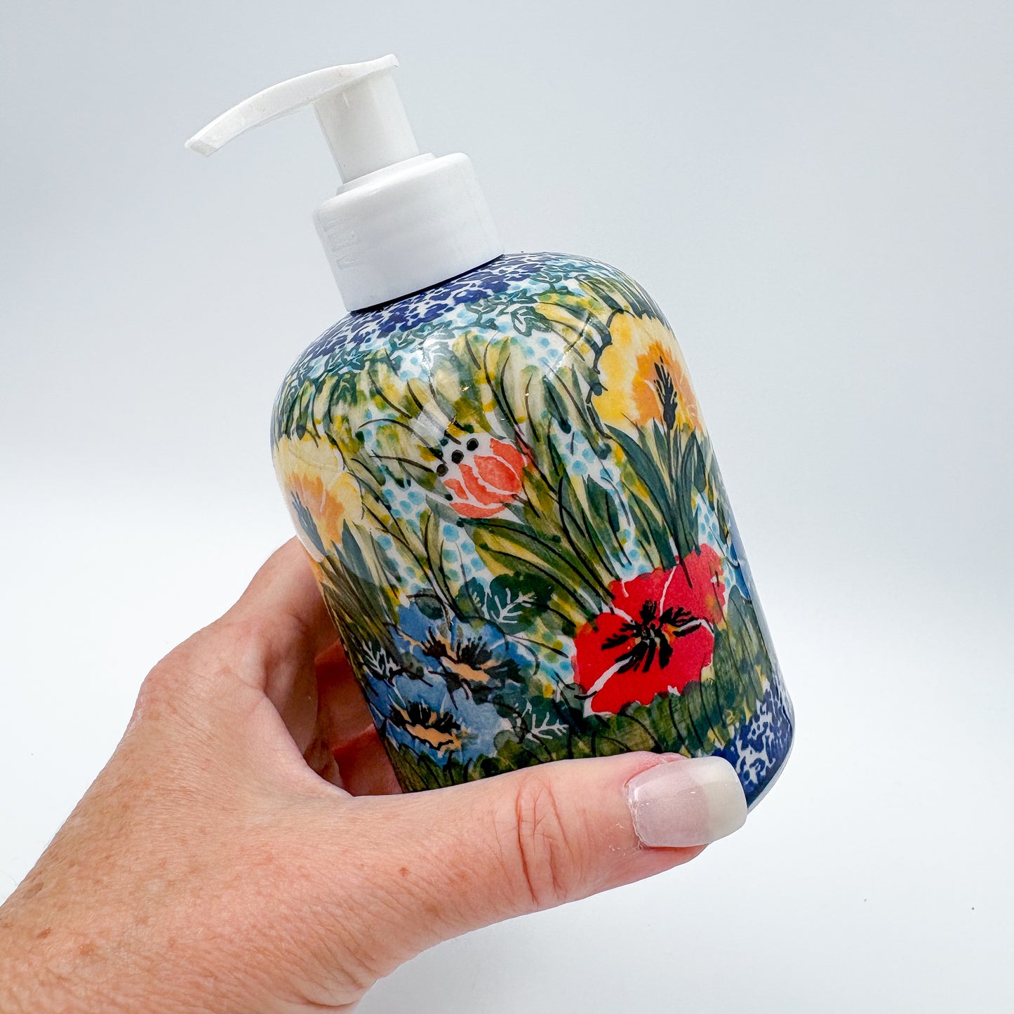 5" Soap Dispenser 10 oz.  Handmade Polish pottery.  UNIKAT Lucky Ladybug Design