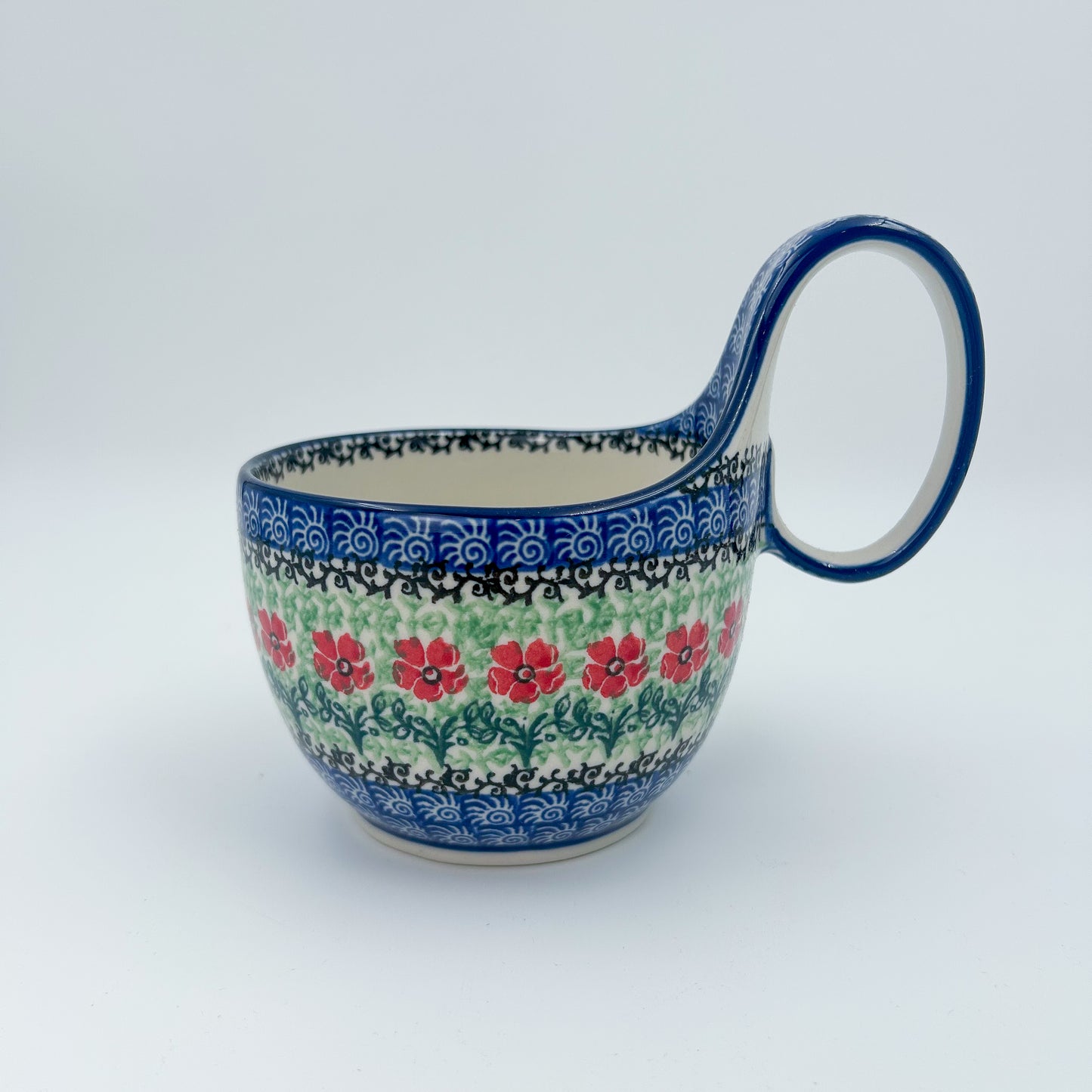 16 oz Bowl with Loop-Handle.  Hand crafted Polish pottery Marachino Pattern