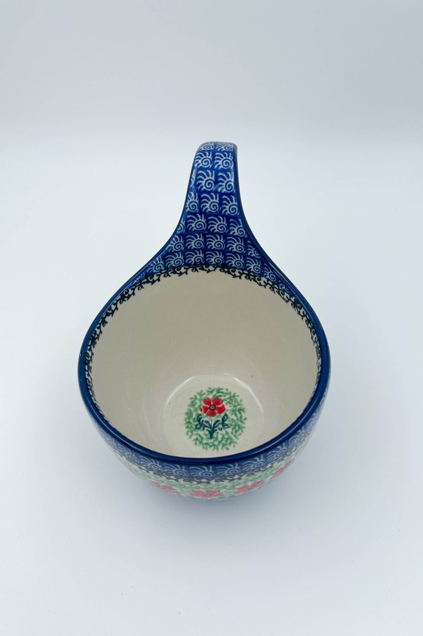 16 oz Bowl with Loop-Handle.  Hand crafted Polish pottery Marachino Pattern