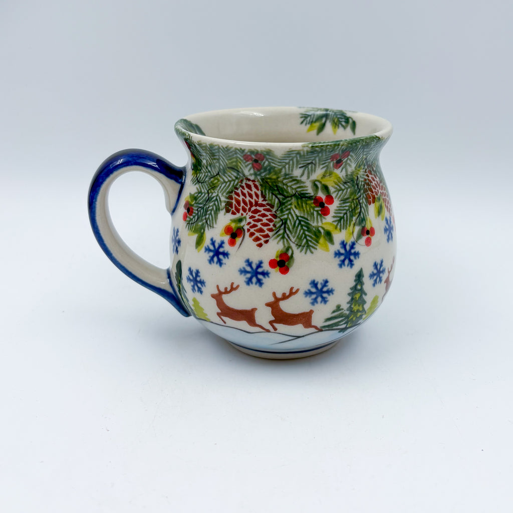 10 oz Bubble Mug. Handcrafted Polish pottery stoneware:  UNIKAT Reindeer Bliss