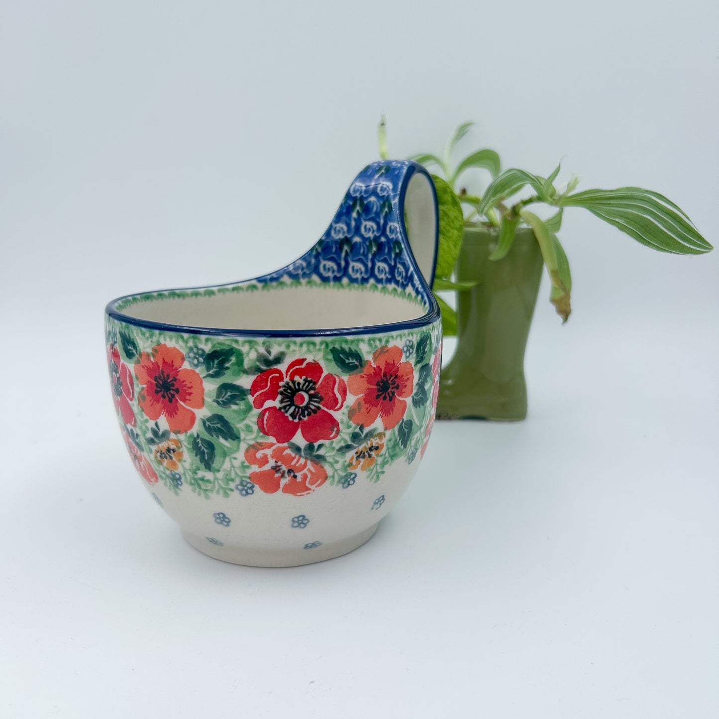 16 oz Bowl with Loop-Handle.  Hand crafted Polish pottery stoneware: UNIKAT Candy Red Poppy