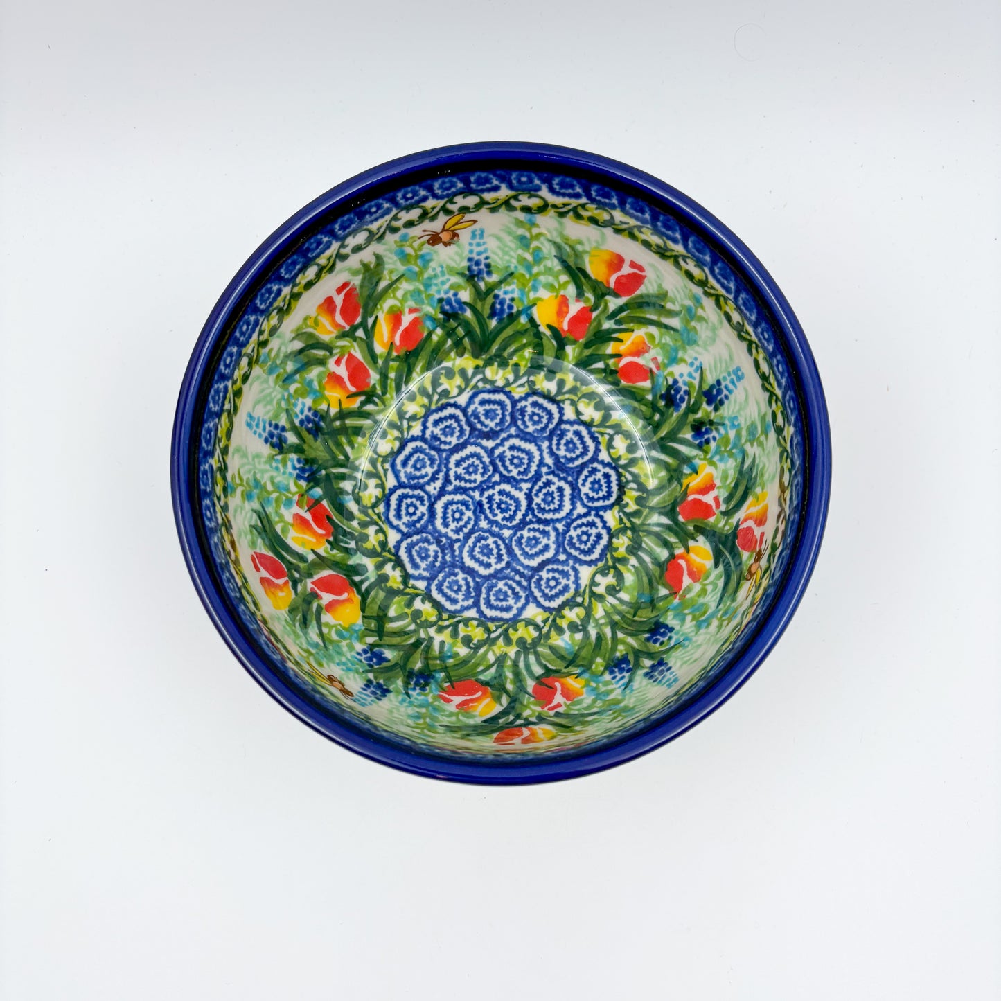 6” Bowl.  Hand crafted Polish pottery stoneware:  Tulips and Bees Design