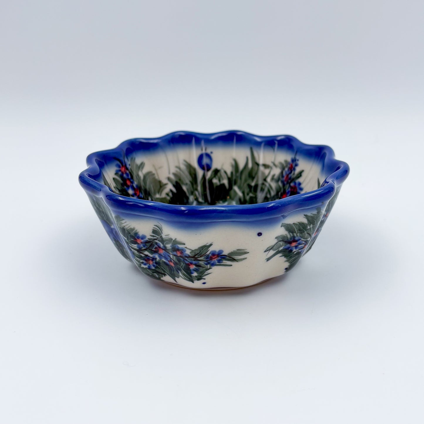 4” Small Babka Bowl.  Hand crafted Polish pottery stoneware:  UNIKAT Forget Me Not Pansy