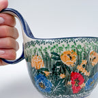 16 oz Bowl/Mug with Loop-Handle.  Hand crafted Polish pottery stoneware: UNIKAT Poppy Bunch Design