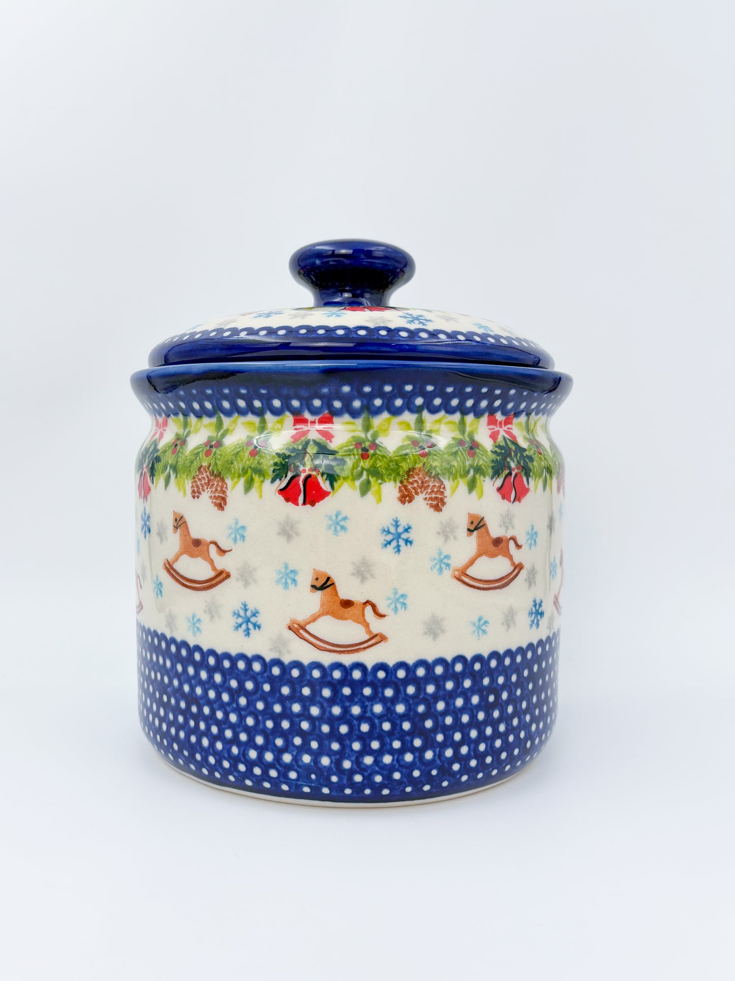 7" Antek Jar.  Handmade Polish pottery.  UNIKAT Horse and Bells Design
