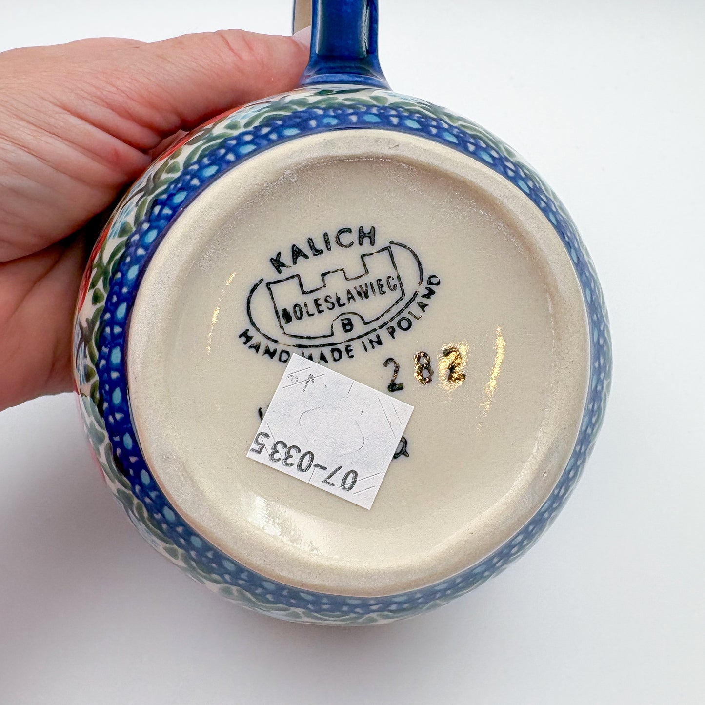 12 oz Bowl/Mug with Loop-Handle.  Hand crafted Polish pottery stoneware: UNIKAT Red Berry