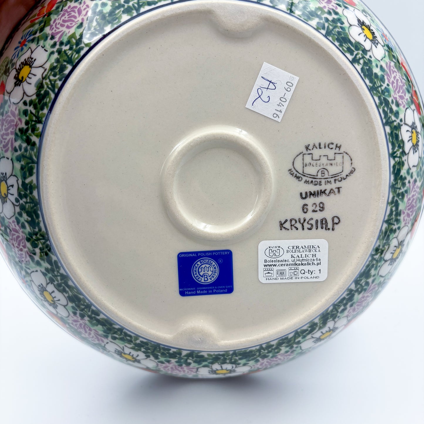 10" Bowl with Handles.  Hand crafted Polish pottery stoneware:  UNIKAT Cottage Garden