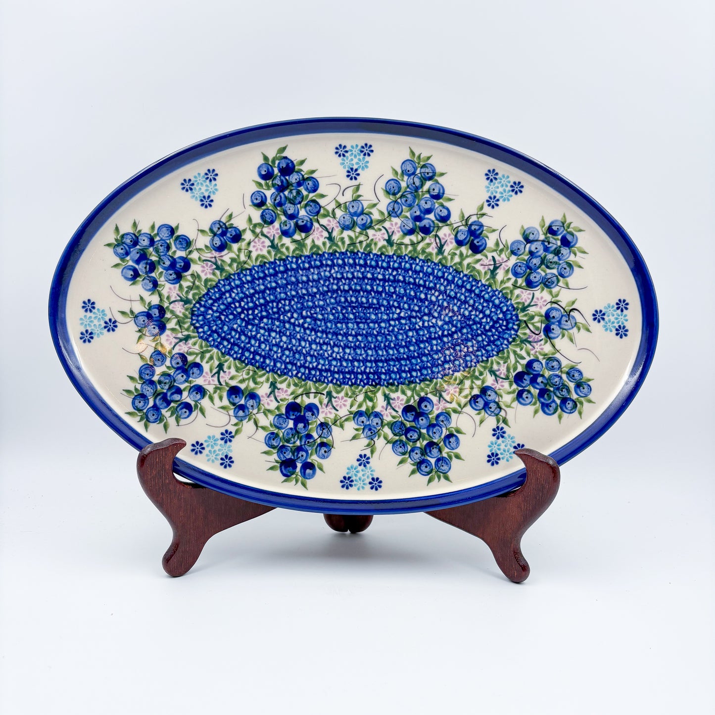 13.5" Oval Tray.  Hand crafted Polish pottery stoneware: UNIKAT Blueberry Design.