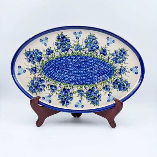 13.5" Oval Tray.  Hand crafted Polish pottery stoneware: UNIKAT Blueberry Design.